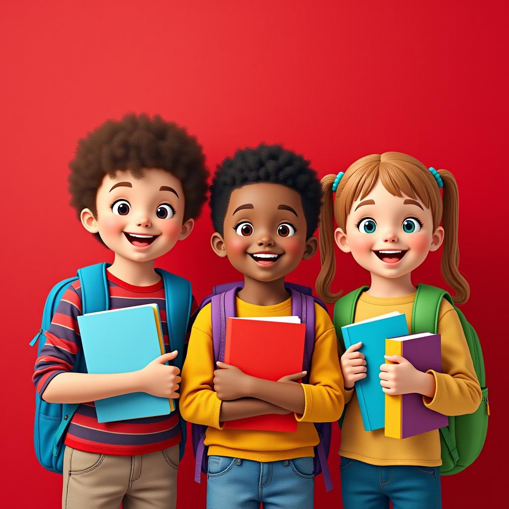  joyful, happy children aged 7 13, with backpacks, notebooks, and english textbooks, on a red and blue background.