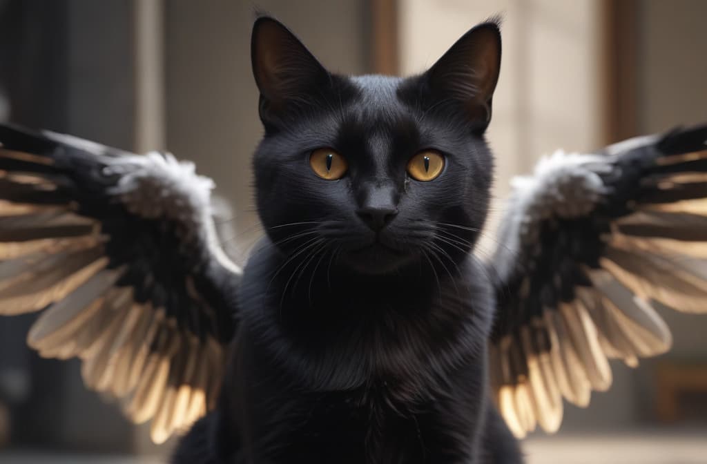 Black cat with angel wings --ar 3:2 high quality, detailed intricate insanely detailed, flattering light, RAW photo, photography, photorealistic, ultra detailed, depth of field, 8k resolution , detailed background, f1.4, sharpened focus