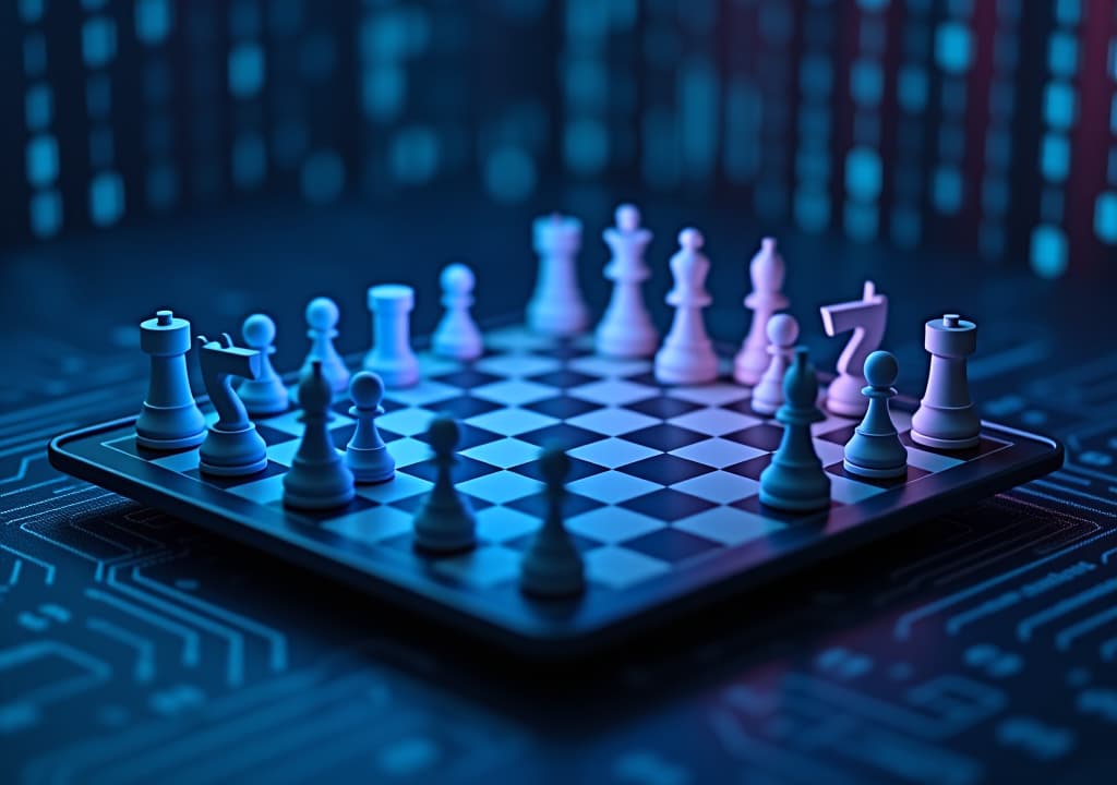  a 3d chess board where the pieces are various mobile devices and testing tools. ai powered pieces (glowing with blue light) are outmaneuvering traditional testing methods (dimly lit). the board is floating in a digital space with binary code streams in the background.