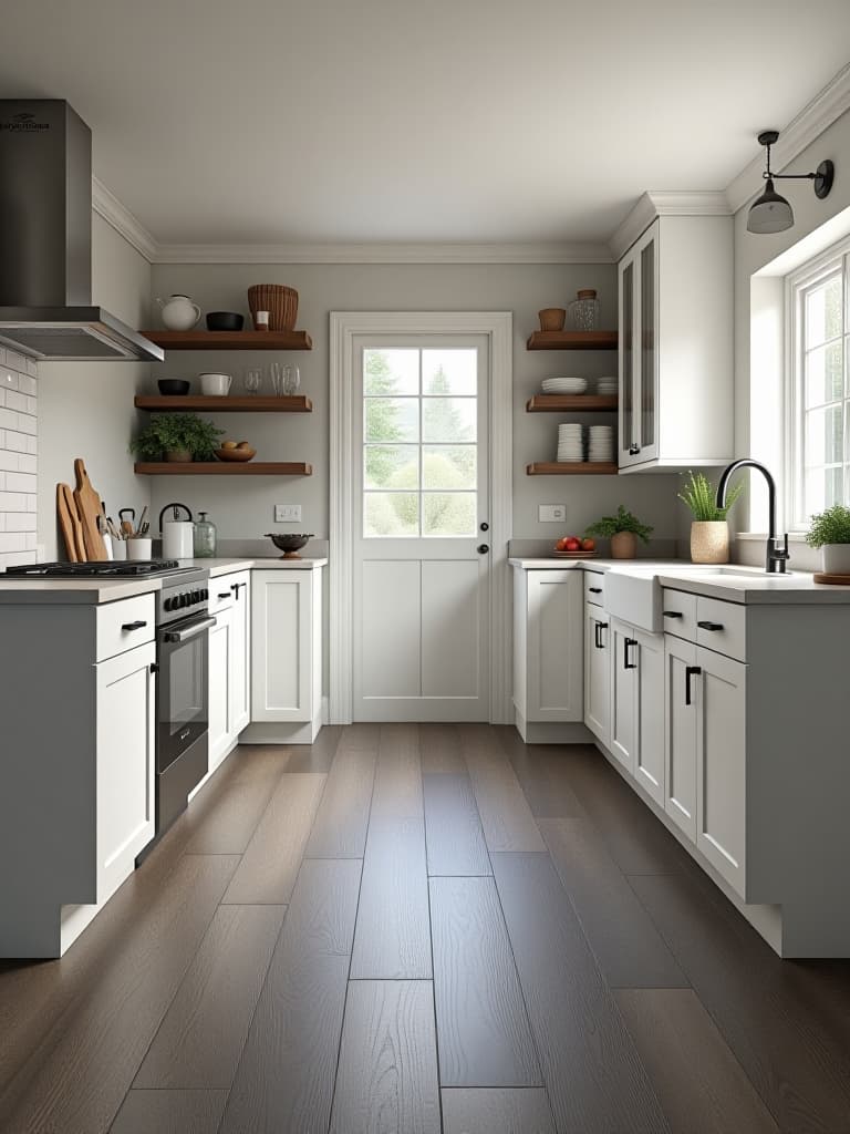  high quality portrait photo of a farmhouse style kitchen featuring wide plank engineered wood flooring in a weathered gray finish, complementing white cabinetry and rustic decor elements hyperrealistic, full body, detailed clothing, highly detailed, cinematic lighting, stunningly beautiful, intricate, sharp focus, f/1. 8, 85mm, (centered image composition), (professionally color graded), ((bright soft diffused light)), volumetric fog, trending on instagram, trending on tumblr, HDR 4K, 8K