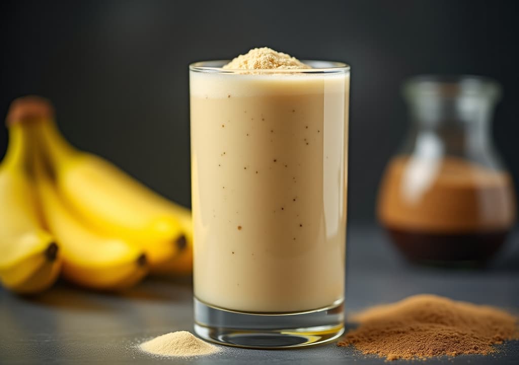  closeup of banana smoothie with protein powder in a glass. blended vegetarian shake drink, vegan whey after workout or training in the gym, bodybuilding supplement