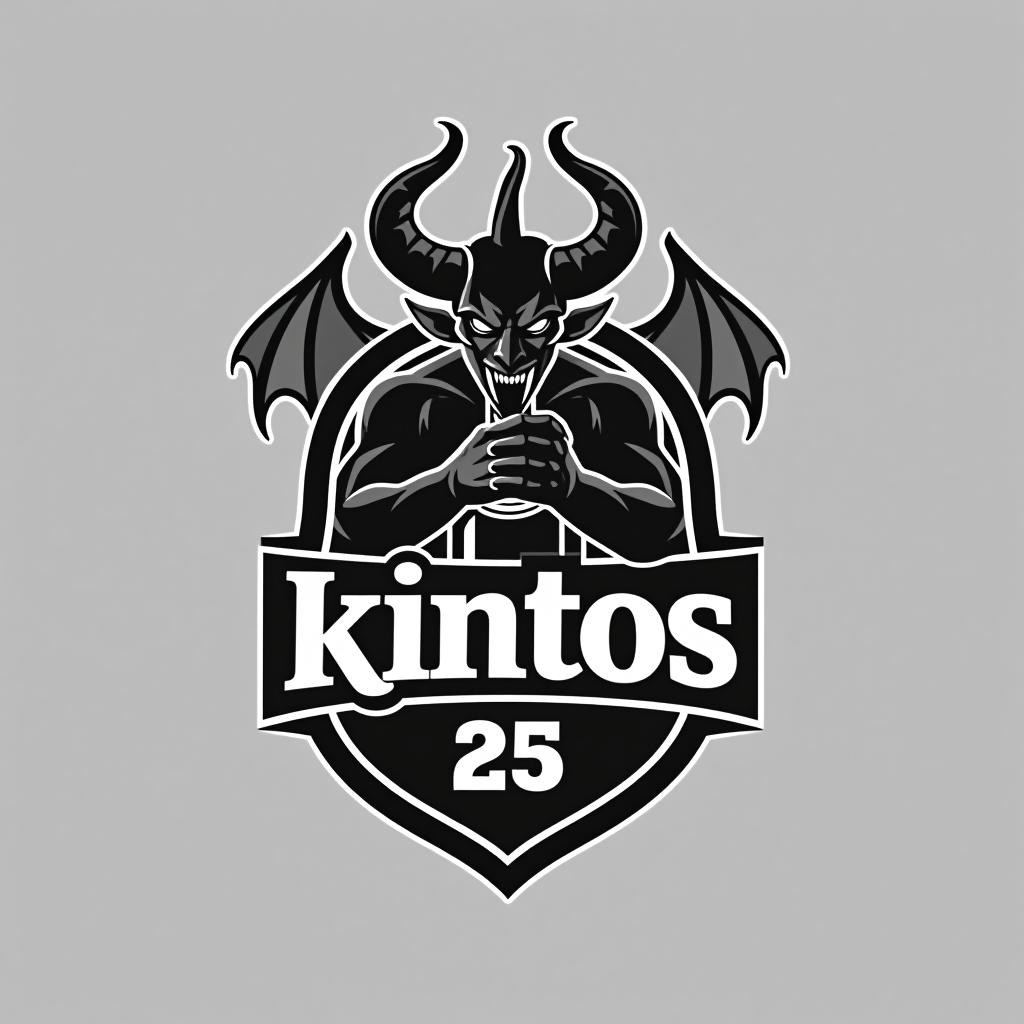  design a logo, hazme un logo, que contenga un demonio, una botella de jaguer,ron,vodka, un campanario,que sea en blanco y negro y que tenga forma de un escudo de un equipo de futbol y que tenga un letrero que ponga “kintos 25 26” solo los colores blanco y negro nada de tonos entre medio y el fondo blanco. que el demonio no tenga tanta importancia i que salgan mas botellas. solo blanco i negro, with the text 'kintos 25 26'.