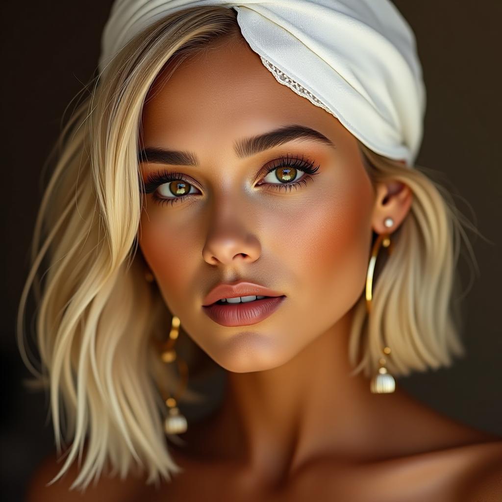  make an image of a woman with a blonde bob and tan olive skin and brown eyes with minimal gold jewelry and a white head covering