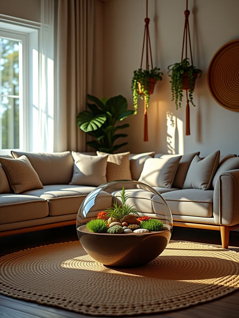  high quality portrait photo of a cozy corner of a living room featuring a large terrarium coffee table, surrounded by natural fiber rugs and macrame plant hangers, with warm ambient lighting hyperrealistic, full body, detailed clothing, highly detailed, cinematic lighting, stunningly beautiful, intricate, sharp focus, f/1. 8, 85mm, (centered image composition), (professionally color graded), ((bright soft diffused light)), volumetric fog, trending on instagram, trending on tumblr, HDR 4K, 8K