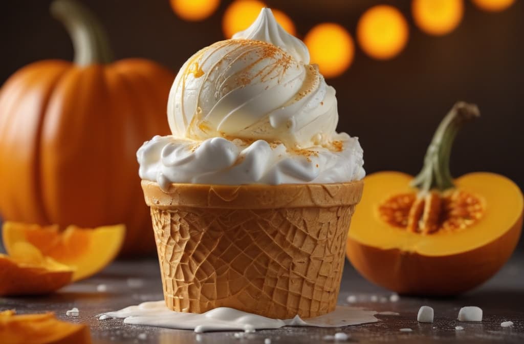 ice cream decorated with pumpkin --ar 3:2 high quality, detailed intricate insanely detailed, flattering light, RAW photo, photography, photorealistic, ultra detailed, depth of field, 8k resolution , detailed background, f1.4, sharpened focus