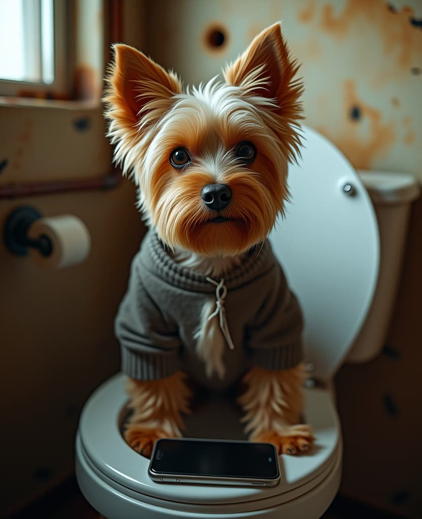  breathtaking yorkshire terrier dog, shaggy, with dark eyes, sitting on the toilet with a phone in his paws, a room with cockroaches on the walls, holey walls, rusty pipes. 4k quality, realism . award winning, professional, highly detailed hyperrealistic, full body, detailed clothing, highly detailed, cinematic lighting, stunningly beautiful, intricate, sharp focus, f/1. 8, 85mm, (centered image composition), (professionally color graded), ((bright soft diffused light)), volumetric fog, trending on instagram, trending on tumblr, HDR 4K, 8K