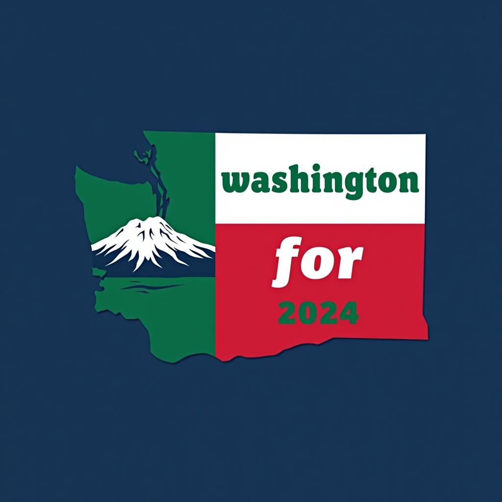  a tshirt design inspired by the washington state flag. the left side features a green vertical stripe with a large mountain in the center. the right side is divided into two horizontal sections: the top section is white with the text 'washington for' in bold, green, uppercase letters, and the bottom section is red with the text 'harris walz 2024' in bold, white, uppercase letters. the overall layout is clean and straightforward, with a clear and patriotic color scheme of blue, white, and red.