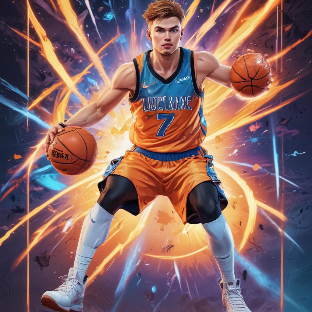 distance-shot, flashy, full-body, dynamic, holographic, animated cartoon poster of luka doncic in the style of dragon ball super