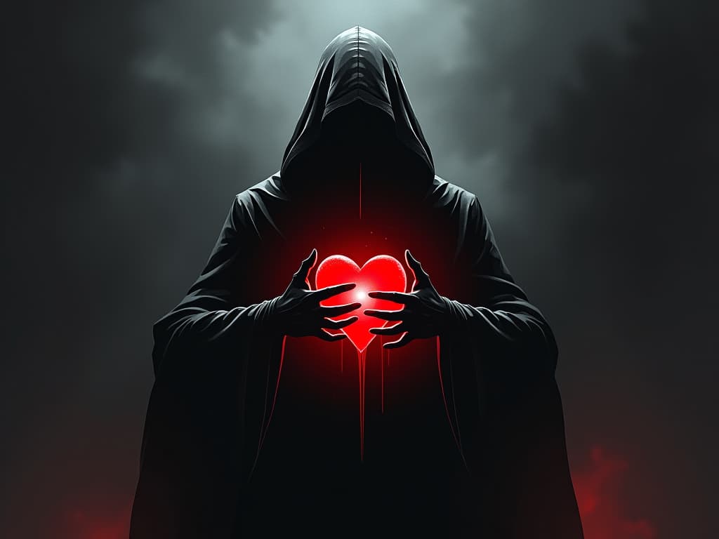  figure cloaked in shadow with a glowing heart at its center, reaching out with both hands, aura of yearning and melancholy. the style is digital art illustration / modern comic book / graphic dark novel fantasy and mysterious occult, symbolic, moody lighting, esoteric vibe,high detail on character design. for the color scheme emphasize blacks and reds.