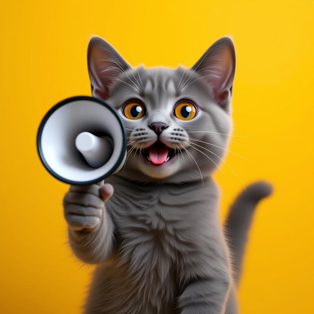  grey cat with wide eyes holding a megaphone against a vibrant yellow background. fun and energetic image suitable for announcements and promotions