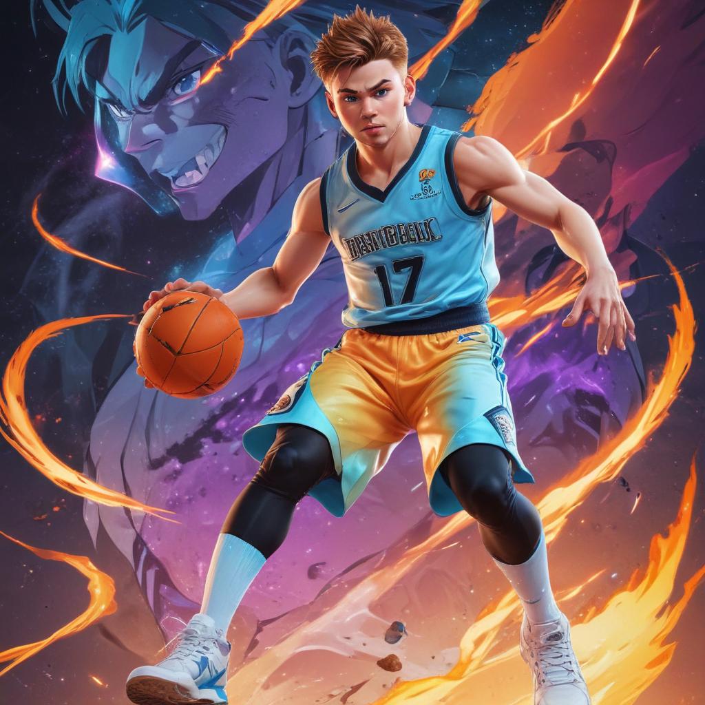 distance-shot, flashy, full-body, dynamic, holographic, animated cartoon poster of luka doncic in the style of dragon ball super