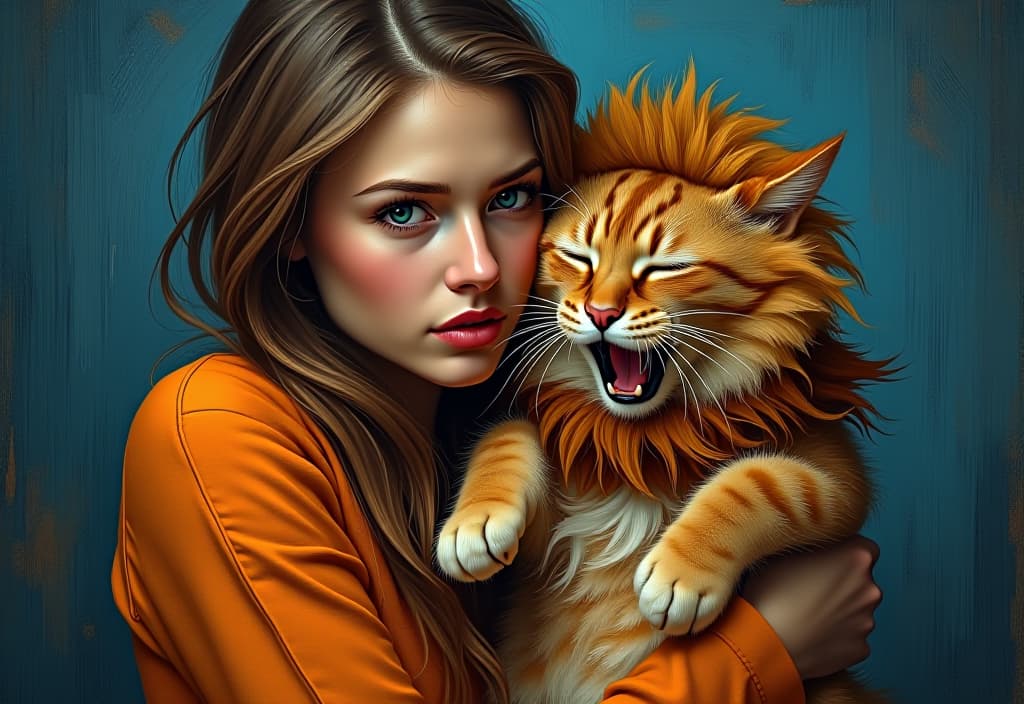  expressionism painting of young tall slim brunette woman holding sad and sleepy brown siberian cat yawning, cat is dressed in lion costume, van gogh style