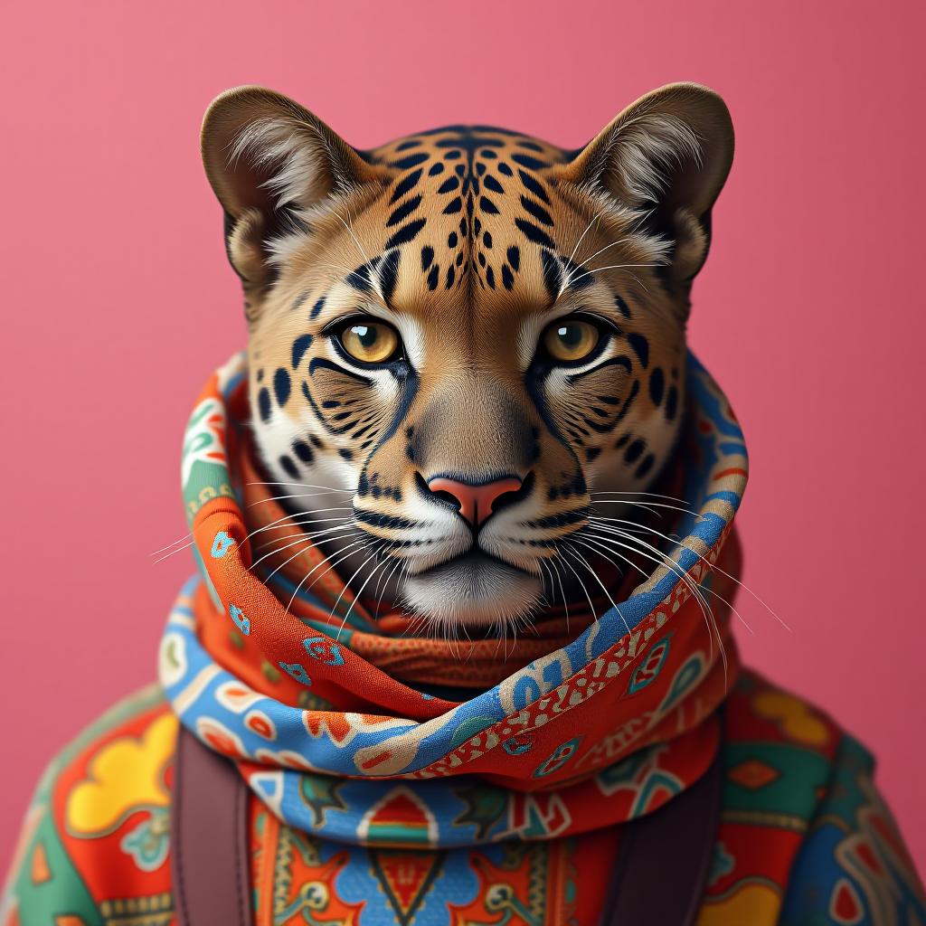  elegant panter wearing colorful clothes on a pink background,, high quality, high details, hd, perfect composition, 4k epic detailed, highly detailed, sharp focus, high resolution