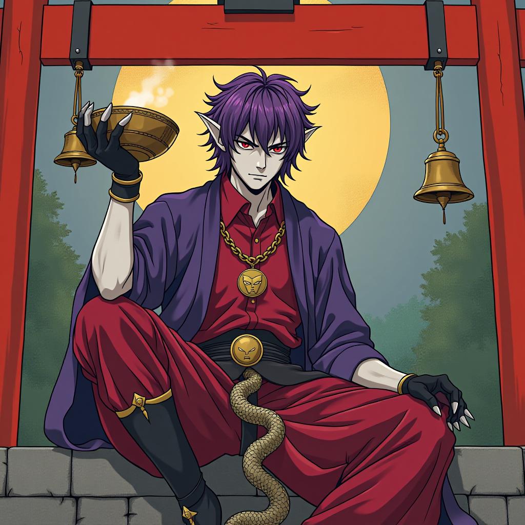  psychedelic style ringo sits on the high red gate theories, on which thin ropes hang bells in front of the shinto temple in his left hand, ringo holds a wide bowl filled to the brim with sake, ringo wears short tight black gloves with metal claws on his fingers and is depicted in full height a young mature dark male elf with marble white skin, purple scarlet hair, ringo wears a disheveled hairstyle of medium length, pointed ear tips, lavender red eyes, is dressed in a burgundy shirt in addition, ringo wears a purple short jacket with a tight waist, made of snake with a medium sized silver skin, and a lightweight in red skin. ringo wears a gold chain with a medium sized gold medallion around his neck. the medallion depicts an angry smirki