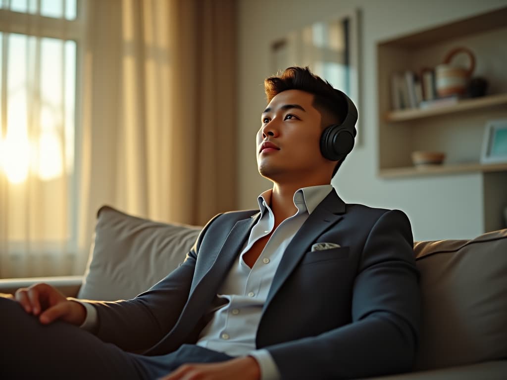  capture a stunning 8k unedited photograph of an athletic 30 asian man in a contemporary living room. he exudes style in tailored suits and trendy accessories, set against a backdrop of clean lines and harmonious design. the image, taken from a creative dutch angle, features the man listening to music, ed in the soft, diffused light of sunrise. the detailed scene uses a wide angle 35mm f2 lens, highlighting his beautiful bright eyes and realistic skin texture. colors are thoughtfully chosen with dawn pink (rgb 243, 233, 229) as the hue, complemented by limed ash (rgb 116, 125, 99) and accented with sage (rgb 158, 165, 135), battleship gray (rgb 130, 143, 114), and granite green (rgb 141, 137, 116). the intricately blurr