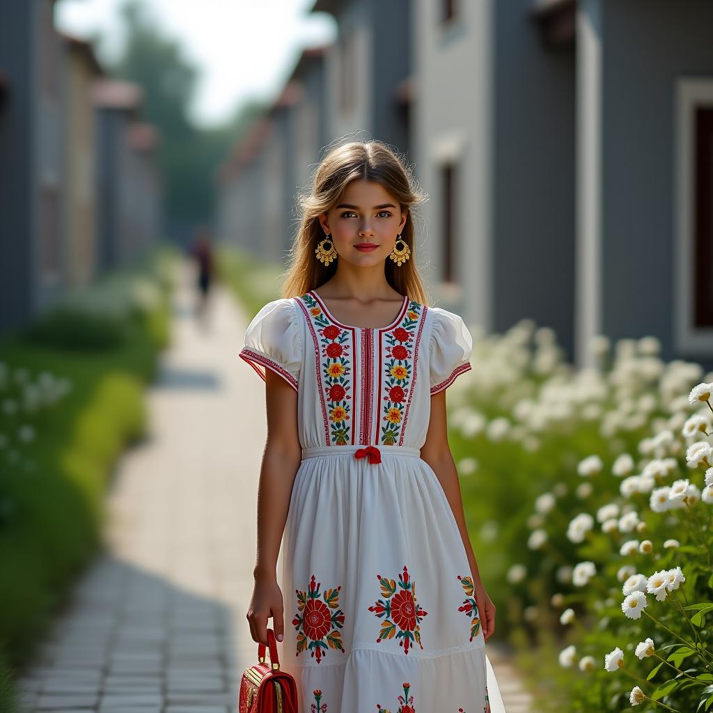  a girl in a delicate romantic dress with national tatar colors is walking down a street lined with gray buildings. she is holding a handbag with tatar embroidery in her hands. large golden earrings dangle from her ears. white flowers are growing around her.