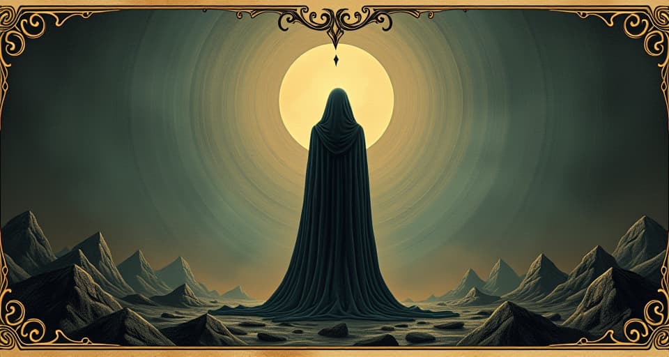  a figure standing tall and resolute, amidst growing tension, calm aura, unmoved by surrounding chaos. an illustration in the style of a worn, mystical old tarot trump card, mysterious and elements of surrealism. the colors are muted, somber and eerie, but with contrast bring out an occult and esoteric vibe.