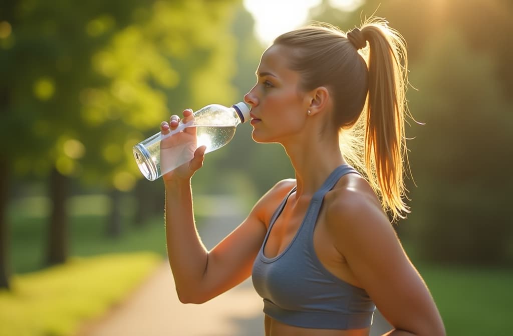  drinking water из открытой бутылки без крышки, fitness and exercise woman after sports run and training in city park. workout, hiking and walking challenge with a bottle of a female runner in summer ready for running for health ar 3:2 {prompt}, maximum details