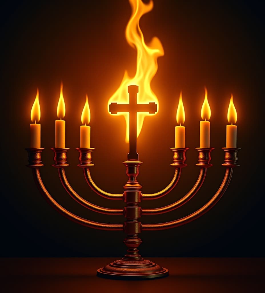  a golden flaming cross as the center flame in a seven branch menorah