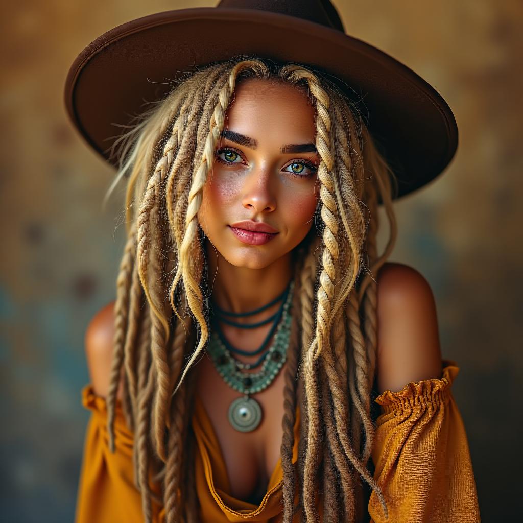  make an image of a mexican girl with blonde dreadlocks and bohemian style