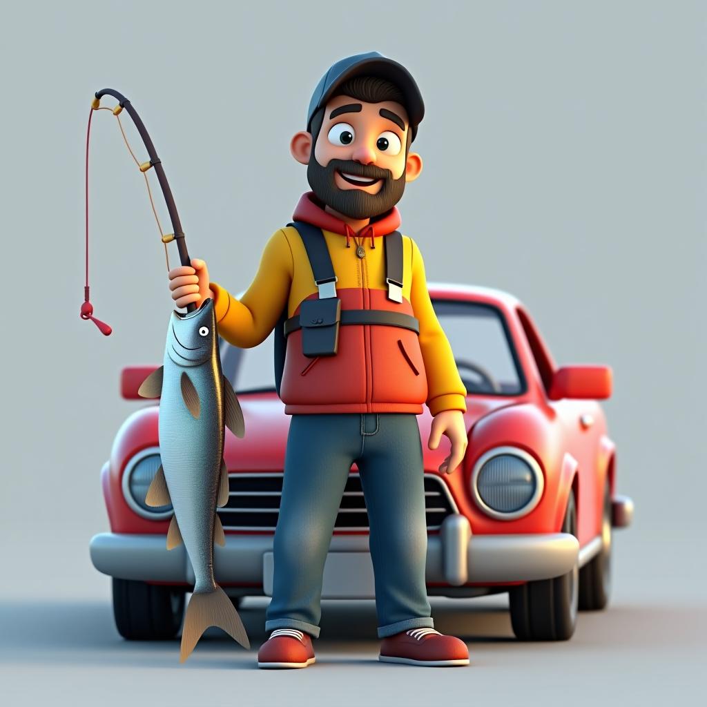  a fisherman stands with a fish next to a car in 3d.