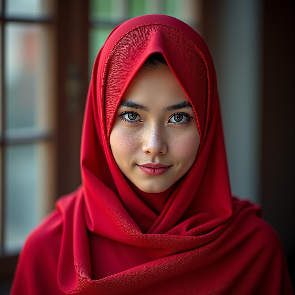  a muslim woman in red with blue eyes in china.