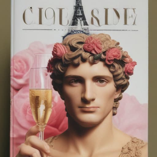 Book cover of book entitled LUDOVIC (in a vogue type font at top of page) a romance novel cult book cover aesthetic, with a collage below the title LUDOVIC featuring : a bacchus head like a Roman statue, a champagne glass, keith baring flower head drawing, and an Eiffel Tower in Cinematic style with Gradient background