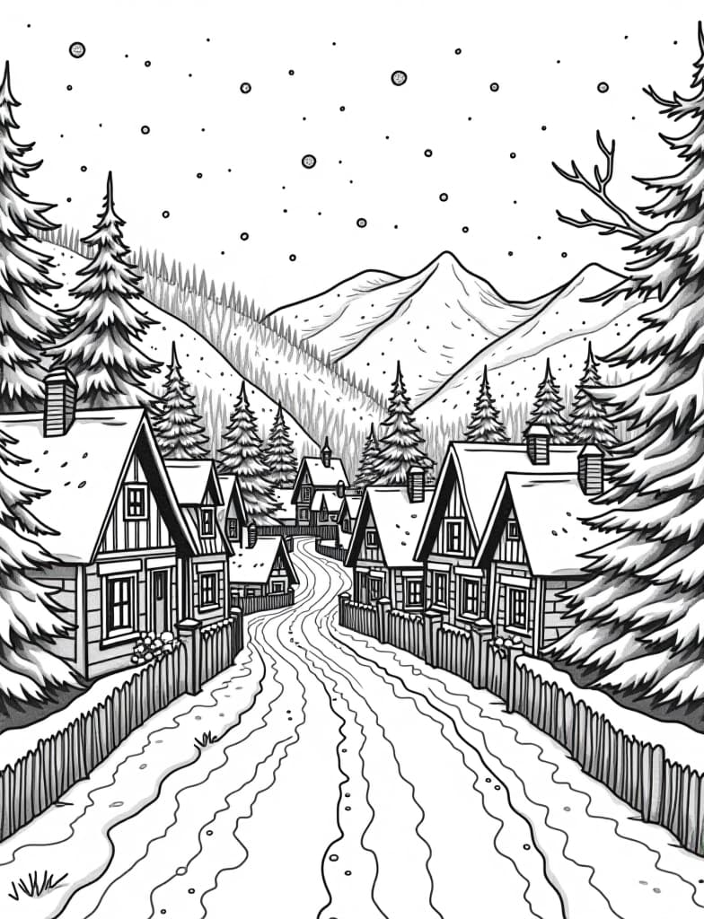  this is for an adult coloring page. a detailed black and white line art of a snowy village at night with houses covered in snow and warm lights glowing from windows on a solid white background.