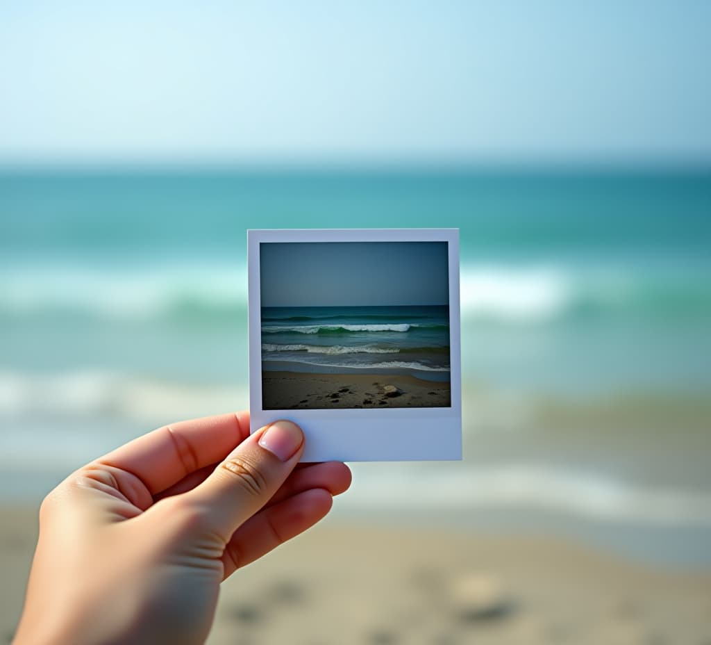  a person holding up a polaroid picture in front of the ocean, perfect for travel or vacation themes isolated with white highlights,