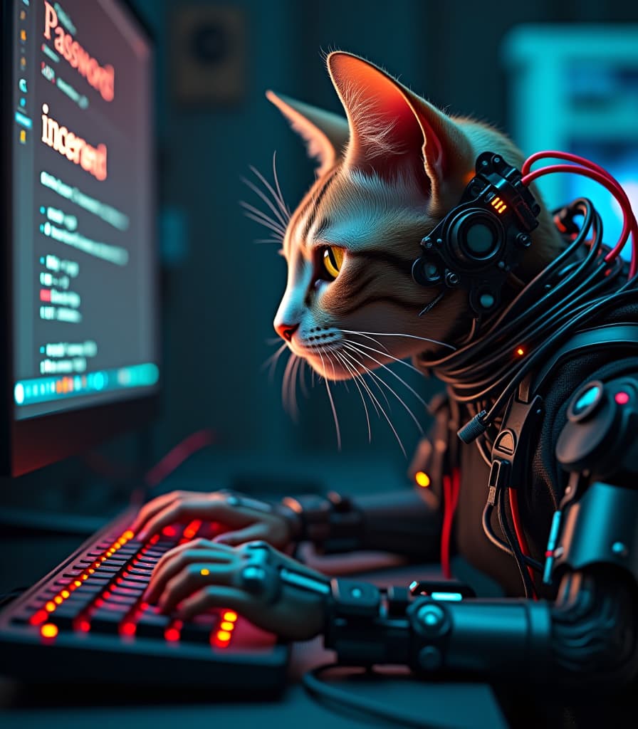  biomechanical cyberpunk a cyborg cat with numerous technical devices is typing on a computer keyboard, (on the monitor screen the text in large bold "password is incorrect"), high detail, high resolution, detailed skin, detailed eyes, detailed wires and leds, detailed background, cinematic, (large depth of field:1.2), hyper realism, many small details, perfect composition and foreshortening. . cybernetics, human machine fusion, dystopian, organic meets artificial, dark, intricate, highly detailed hyperrealistic, full body, detailed clothing, highly detailed, cinematic lighting, stunningly beautiful, intricate, sharp focus, f/1. 8, 85mm, (centered image composition), (professionally color graded), ((bright soft diffused light)), volumetric fog, trending on instagram, trending on tumblr, HDR 4K, 8K