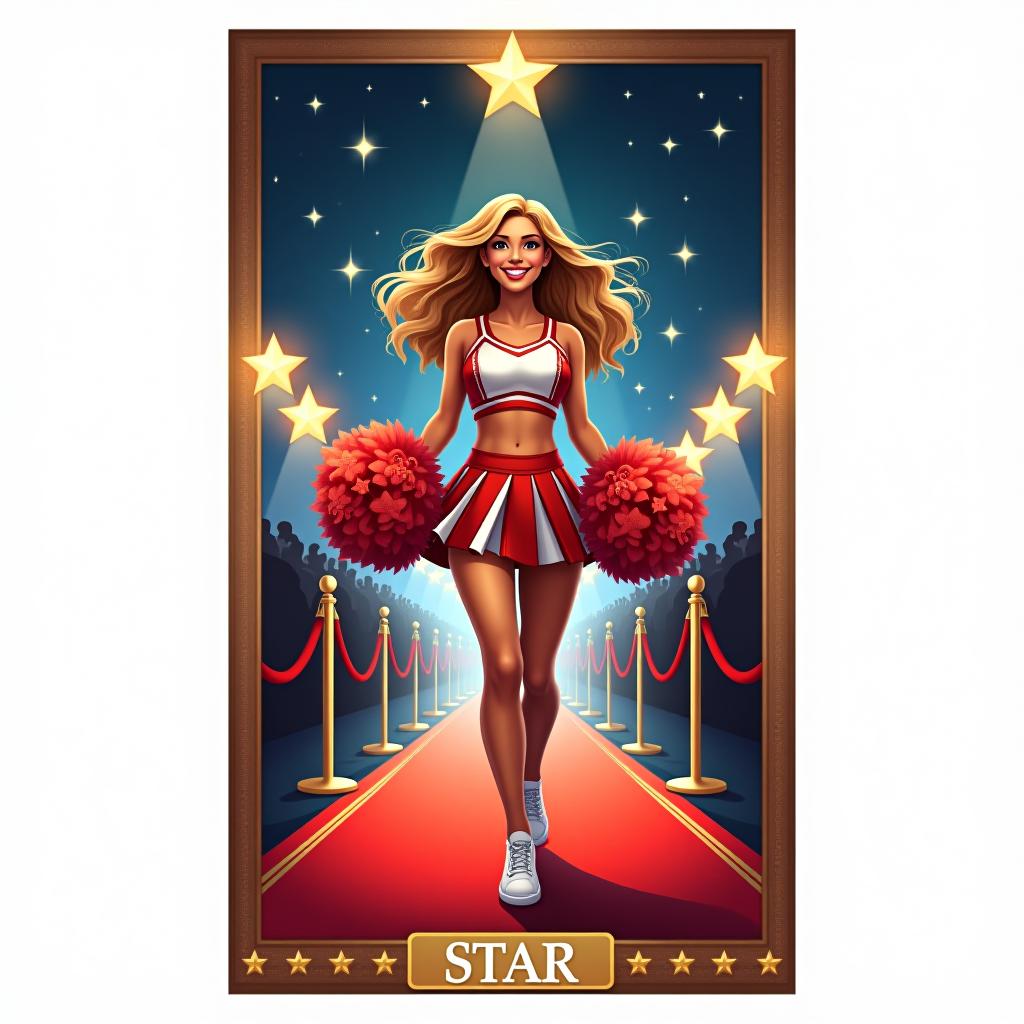  concept art light seer's tarot card by chris ann featuring cheerleader. written on the frame around the picture is its name: "star " the cheerleader is the center of attention, smiling broadly as she walks down the red carpet. spotlights shine around her, highlighting her star status. "she's holding pom poms, and her costume is sparkling. the background is a night sky with bright stars symbolizing hopes and dreams. . digital artwork, illustrative, painterly, matte painting, highly detailed hyperrealistic, full body, detailed clothing, highly detailed, cinematic lighting, stunningly beautiful, intricate, sharp focus, f/1. 8, 85mm, (centered image composition), (professionally color graded), ((bright soft diffused light)), volumetric fog, trending on instagram, trending on tumblr, HDR 4K, 8K