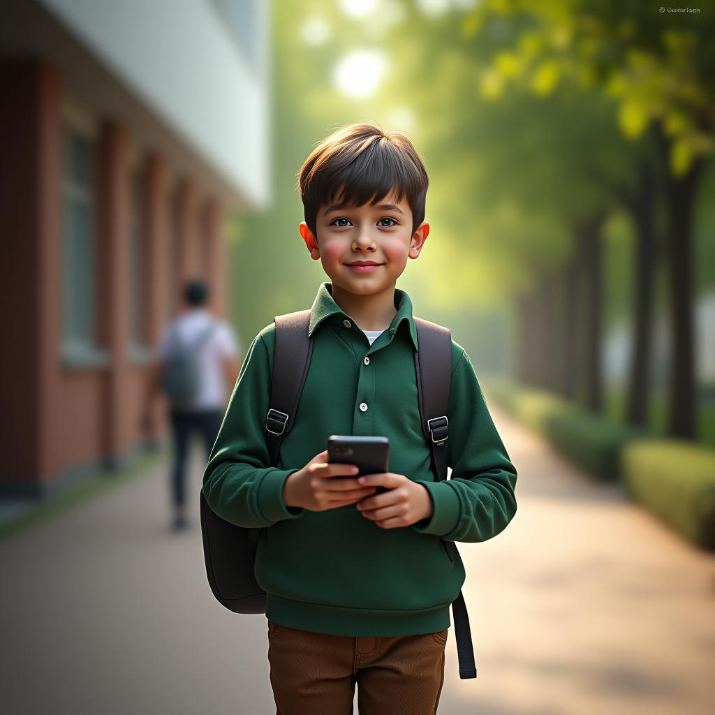  a little boy, a european schoolboy in a green shirt and brown trousers with a backpack standing next to the school, holding a phone in hand hyperrealistic, full body, detailed clothing, highly detailed, cinematic lighting, stunningly beautiful, intricate, sharp focus, f/1. 8, 85mm, (centered image composition), (professionally color graded), ((bright soft diffused light)), volumetric fog, trending on instagram, trending on tumblr, HDR 4K, 8K