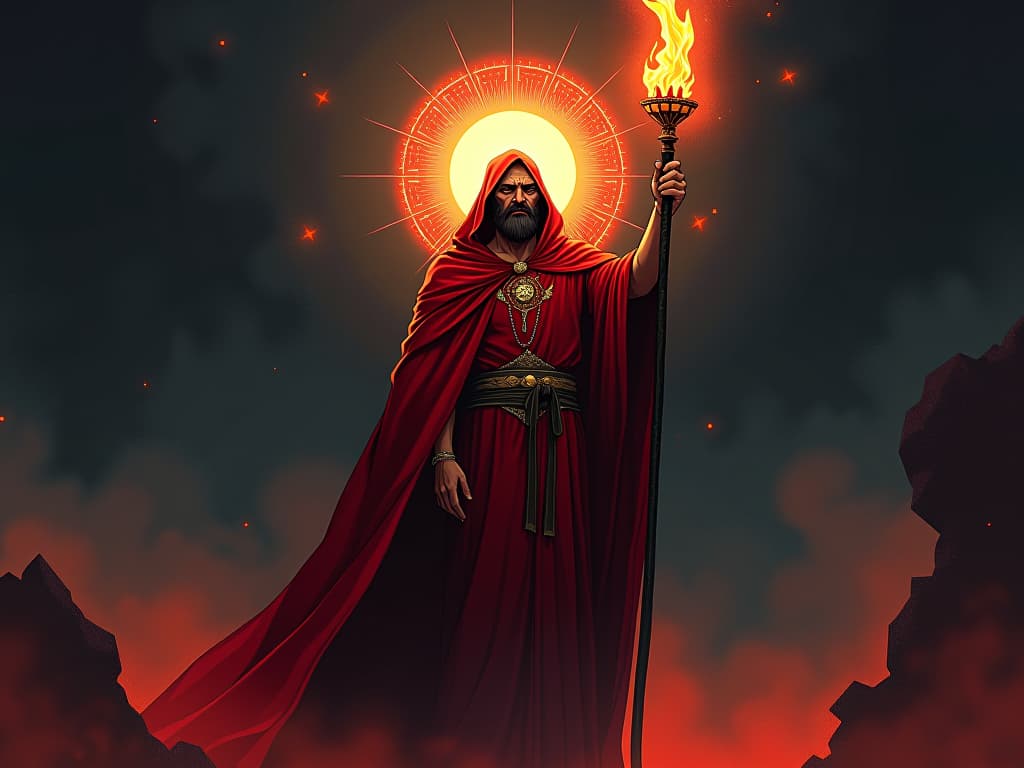  radiant figure clad in red robes, holding a torch high, bright light emanating, aura of virtue. the style is digital art illustration / modern comic book / graphic dark novel fantasy and mysterious occult, symbolic, moody lighting, esoteric vibe,high detail on character design. for the color scheme emphasize blacks and reds.