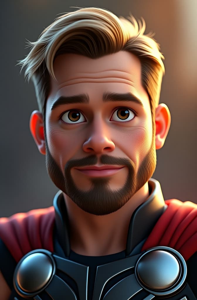  brad pitt as thor, disney pixar poster, pixar movie style, animated disney cartoon face, disney face, portrait, cute face, round face, cartoon character, disney character, disney animated movies, disney pixar hyperrealistic, full body, detailed clothing, highly detailed, cinematic lighting, stunningly beautiful, intricate, sharp focus, f/1. 8, 85mm, (centered image composition), (professionally color graded), ((bright soft diffused light)), volumetric fog, trending on instagram, trending on tumblr, HDR 4K, 8K