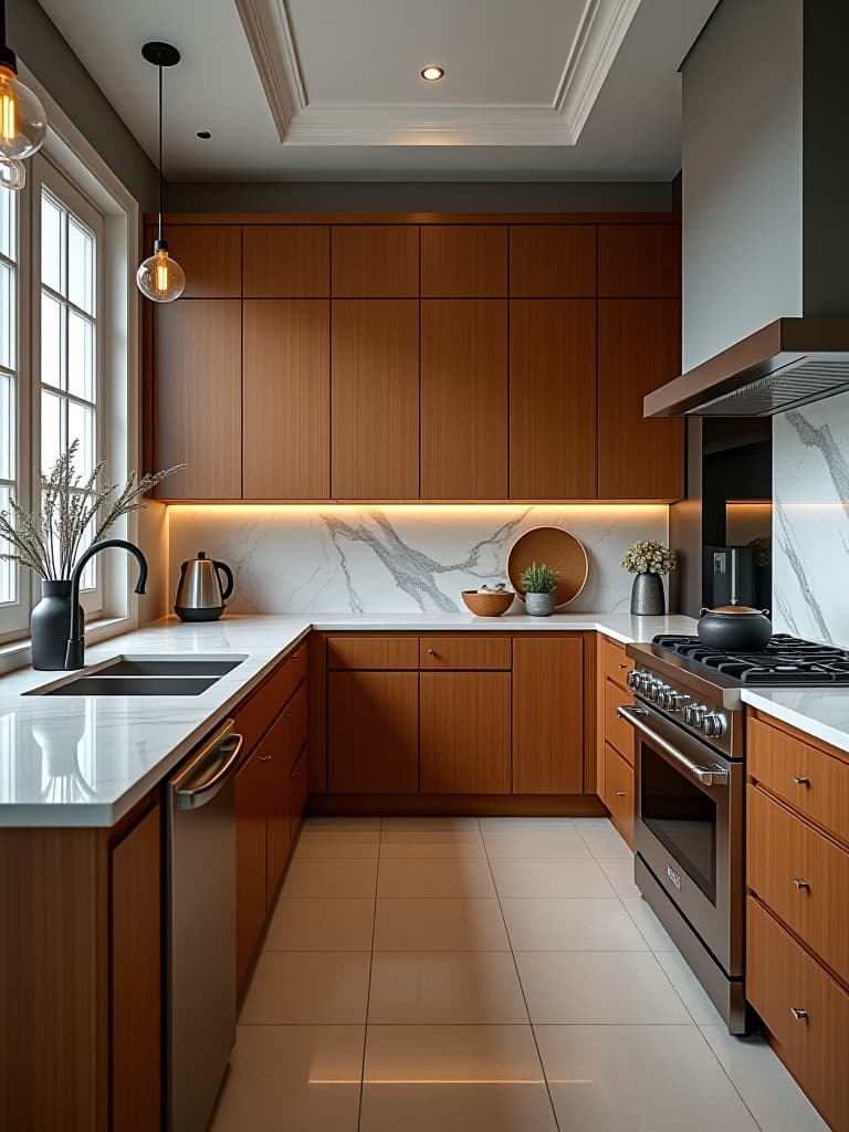  high quality portrait photo of an elegant kitchen with warm grey walls, rich wood cabinets, and a striking marble backsplash, captured from a low angle to emphasize the luxurious details hyperrealistic, full body, detailed clothing, highly detailed, cinematic lighting, stunningly beautiful, intricate, sharp focus, f/1. 8, 85mm, (centered image composition), (professionally color graded), ((bright soft diffused light)), volumetric fog, trending on instagram, trending on tumblr, HDR 4K, 8K