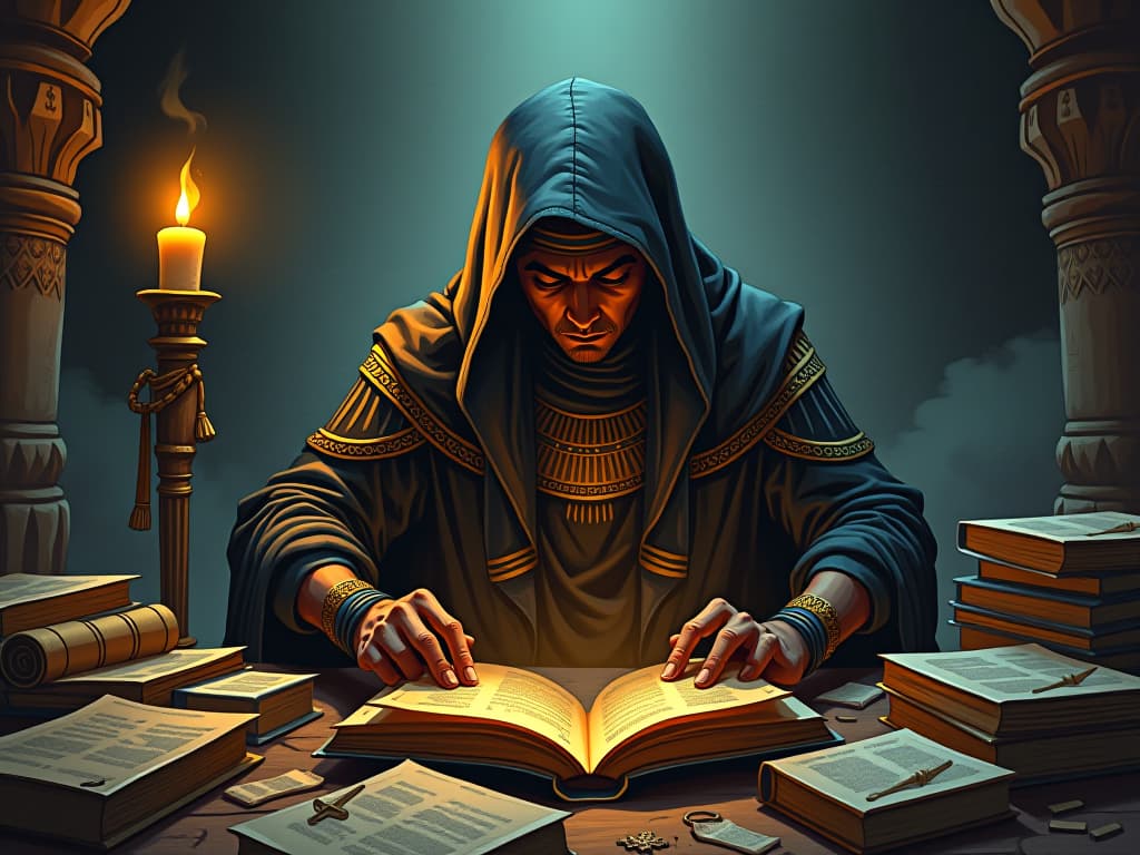  figure hunched over scrolls, reading fervently under torchlight, surrounded by ancient texts, aura of intense learning. the style is digital art illustration / modern comic book / mysterious occult, symbolic, esoteric vibe,high detail on character design, incorporating ancient egyptian symbology and attire.