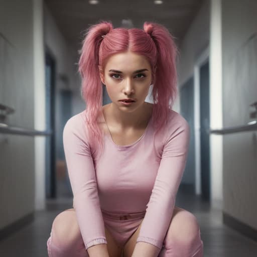 an ultra realistic photo of , taken from front view, film photo photography style, in their , pigtails hairstyle, pink hair hair, in with clothing, looks pouting lips, at oasis, while squatting, miss universe model with small s, french ethnicity, and Fully young female, squatting tight , small tiny s, , frame, very , and cute, , squatting reveals tight slit, hairless one person symmetrical balance, in-frame hyperrealistic, full body, detailed clothing, highly detailed, cinematic lighting, stunningly beautiful, intricate, sharp focus, f/1. 8, 85mm, (centered image composition), (professionally color graded), ((bright soft diffused light)), volumetric fog, trending on instagram, trending on tumblr, HDR 4K, 8K