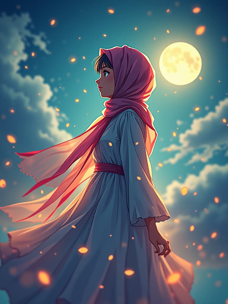  a portrait of a cute hijab girl, anime, luminous dress , wind, sky, clouds, the moon, moonlight, stars, universe, fireflies, butterflies, lights, lens flares effects, swirly bokeh, brush effect, concept art,in style of yoji shinkawa, jackson pollock, wojtek fus, by makoto shinkai, celestial, amazing, astonishing, wonderful, beautiful, highly detailed, centered firooze hyperrealistic, full body, detailed clothing, highly detailed, cinematic lighting, stunningly beautiful, intricate, sharp focus, f/1. 8, 85mm, (centered image composition), (professionally color graded), ((bright soft diffused light)), volumetric fog, trending on instagram, trending on tumblr, HDR 4K, 8K