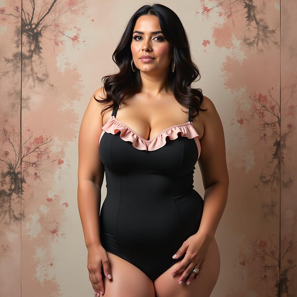  create a full body image of a tall, heavyset middle eastern woman, aged 35 44, wearing shapewear. the shapewear is a shaping camisole made from nylon fabric. the design features ruffled patterns with a color scheme of black and soft blush. she stands confidently, exuding strength and self assurance. the background reflects abstract concepts and emotions, adding depth to the scene. the overall inspiration aims to blend contemporary fashion with emotive abstract art.