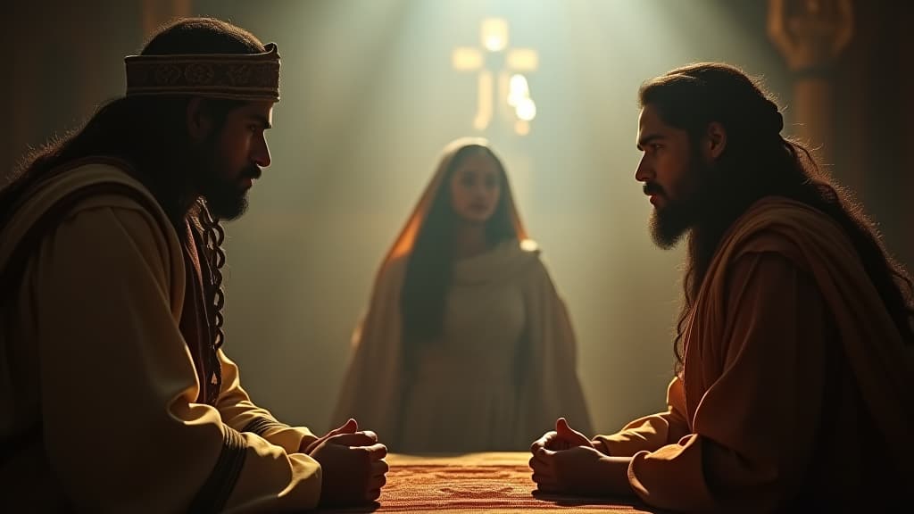  history of biblical times, a moment of decision by rebecca's family, with labán and bethuel looking contemplative as they respond to the servant's proposal. hyperrealistic, full body, detailed clothing, highly detailed, cinematic lighting, stunningly beautiful, intricate, sharp focus, f/1. 8, 85mm, (centered image composition), (professionally color graded), ((bright soft diffused light)), volumetric fog, trending on instagram, trending on tumblr, HDR 4K, 8K