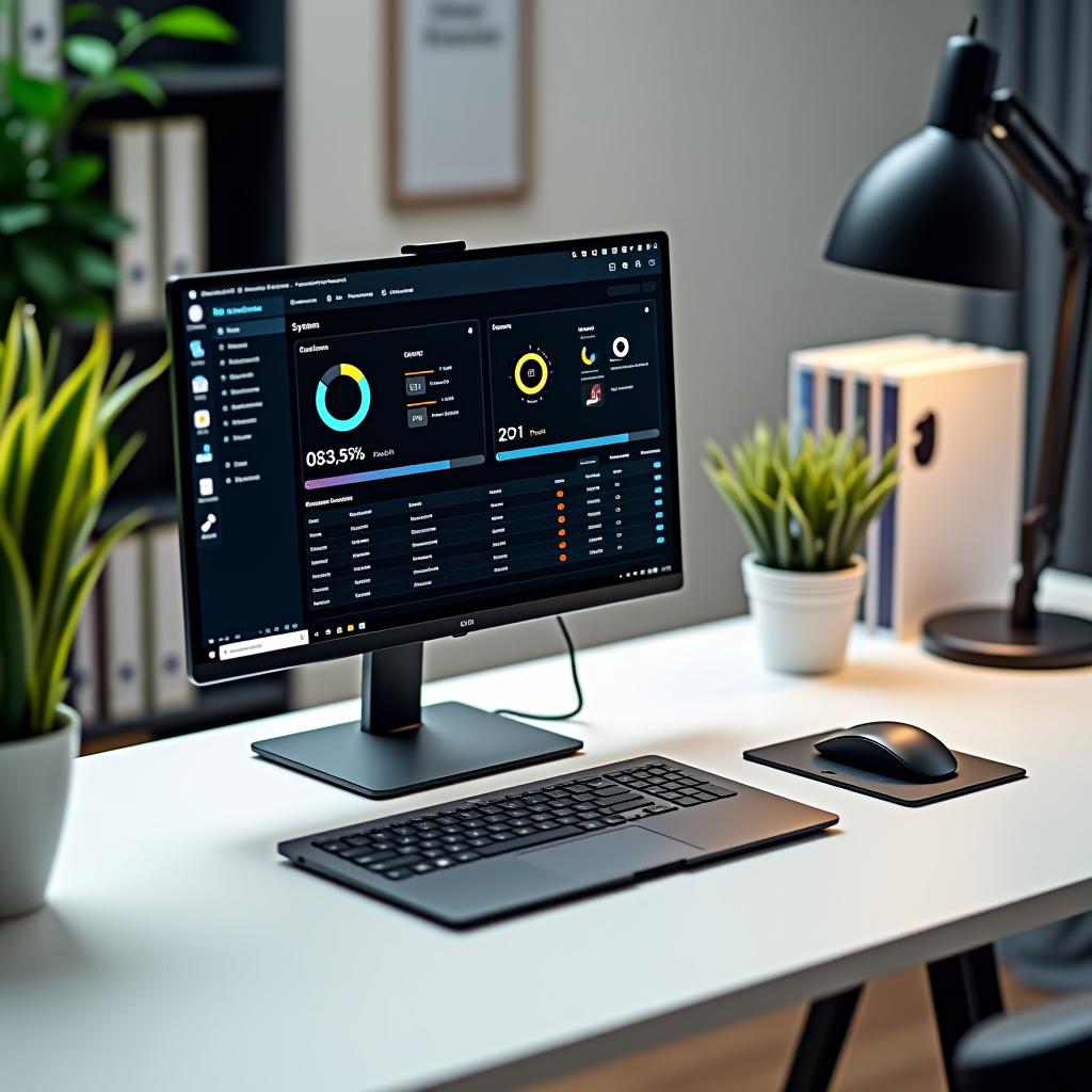  una imagen profesional y visualmente atractiva que representa un entorno de trabajo moderno y optimizado para la configuración de sistemas operativos. en el primer plano, se observa un escritorio minimalista con un ordenador portátil de última generación, la pantalla muestra un software de configuración de sistemas con gráficos y estadísticas sobre el rendimiento del sistema. alrededor del portátil, hay elementos como un teclado mecánico elegante, un ratón ergonómico y una planta pequeña, que añaden un toque de frescura al ambiente. en el fondo, se pueden ver estantes organizados con libros técnicos sobre optimización de sistemas y dispositivos, así como una pizarra blanca con diagramas y esquemas sobre configuraciones ideal