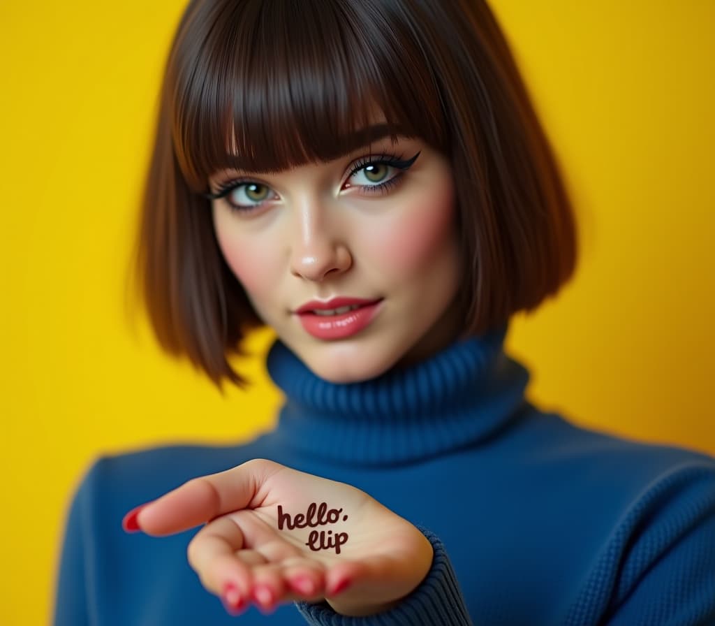  close up of woman with bangs, bold eyeliner and blue turtleneck sweater against an yellow background, 1960s editorial. on her palm there are words "hello, flip" hyperrealistic, full body, detailed clothing, highly detailed, cinematic lighting, stunningly beautiful, intricate, sharp focus, f/1. 8, 85mm, (centered image composition), (professionally color graded), ((bright soft diffused light)), volumetric fog, trending on instagram, trending on tumblr, HDR 4K, 8K