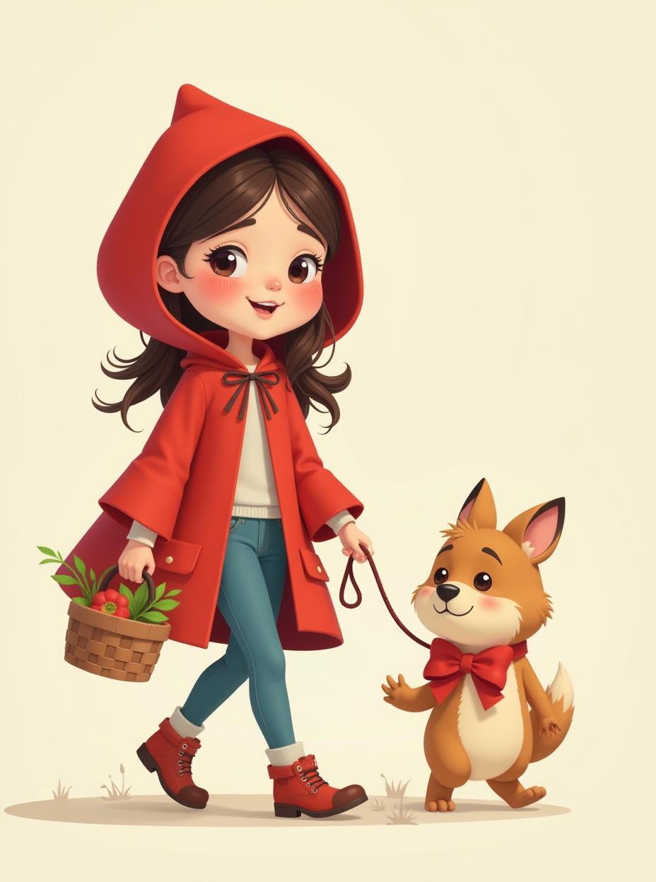  a whimsical and charming cartoon style ilration of a inspired by red riding hood. she is depicted walking confidently, wearing a bright red hooded cape and carrying a small basket in one hand. she is holding a leash with a friendly, cartoonish animal that is larger in size and appears gentle and to her. the animal has a gentle expression and wears a comically large red bow around its neck. the background is simple and minimalistic, allowing the characters to stand out. the overall mood is light hearted and , capturing a fun reimagining of the clic fairy tale., high quality, high details, hd, perfect composition, 4k epic detailed, highly detailed, sharp focus, high resolution