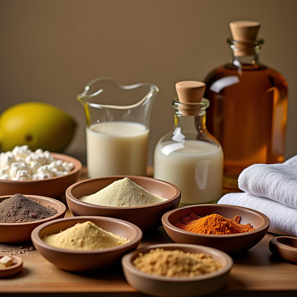  a spa setting with various natural ingredients like powders, oils, and towels, arranged on a wooden table