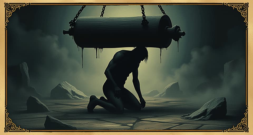  broken figure kneeling under a heavy weight, environment dark and oppressive, with a feeling of entrapment, sense of defeated spirit, heavy burden, crushing weight of betrayal. an illustration in the style of a worn, mystical old tarot trump card, mysterious and elements of surrealism. the colors are muted, somber and eerie, but with contrast bring out an occult and esoteric vibe.