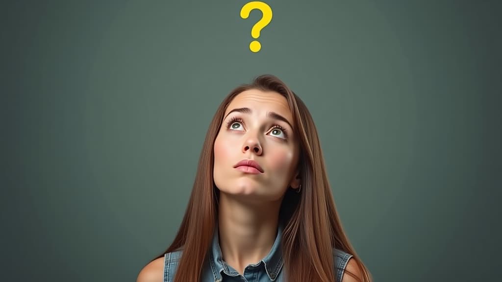  young woman looking up with a confused expression and a floating question mark above her head, representing uncertainty and contemplation.