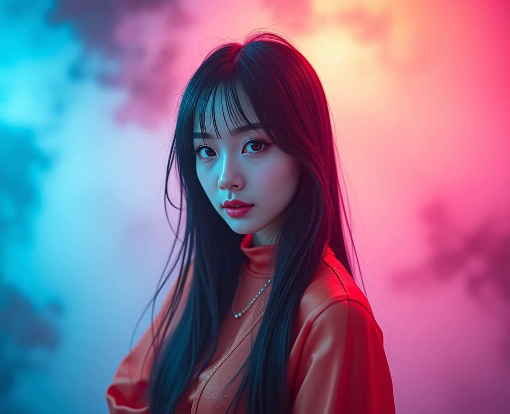  asia korean woman, k pop, bright, cute, and colorful hyperrealistic, full body, detailed clothing, highly detailed, cinematic lighting, stunningly beautiful, intricate, sharp focus, f/1. 8, 85mm, (centered image composition), (professionally color graded), ((bright soft diffused light)), volumetric fog, trending on instagram, trending on tumblr, HDR 4K, 8K