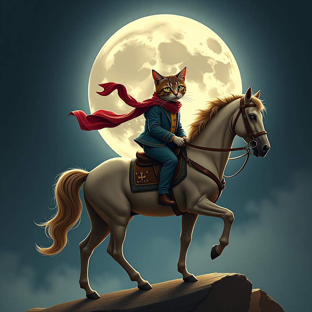  a cat riding a horse, hand drawn, on the moon, studio light, hdr 4k hyperrealistic, full body, detailed clothing, highly detailed, cinematic lighting, stunningly beautiful, intricate, sharp focus, f/1. 8, 85mm, (centered image composition), (professionally color graded), ((bright soft diffused light)), volumetric fog, trending on instagram, trending on tumblr, HDR 4K, 8K