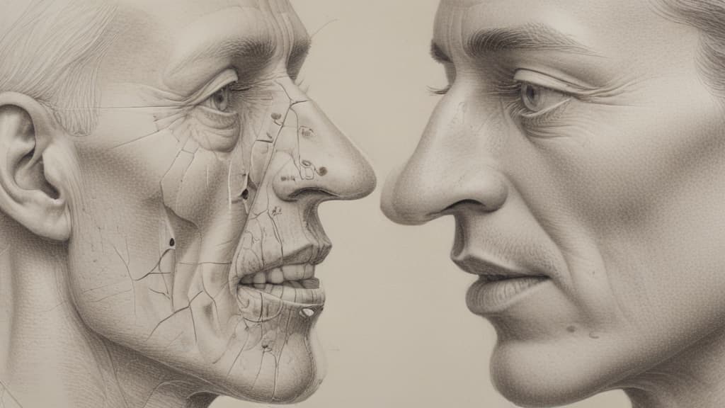 A complex blueprint of nasal cavities and sinuses being examined by an alert doctor, detailed, careful handling, meticulously etched in graphite pencil.