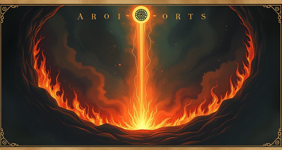  vortex of eternal flames, cosmic light, ancient alchemical symbols subtly visible, incinerating darkness, powerful, consuming aura. an illustration in the style of a worn, mystical old tarot trump card, mysterious and elements of surrealism. the colors are muted, somber and eerie, but with contrast bring out an occult and esoteric vibe.